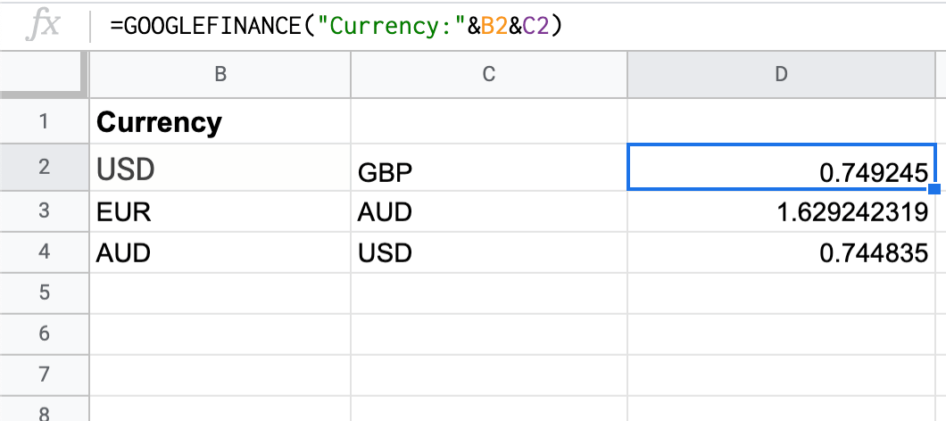 GOOGLEFINANCE ejemplo de fórmula monetaria
