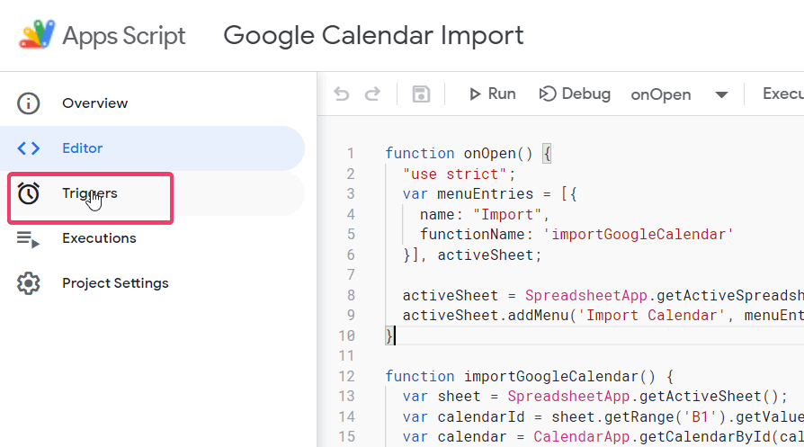 Abschnitt Triggers in Apps Script