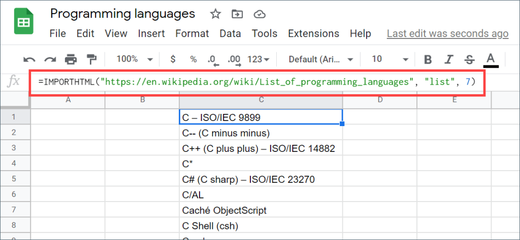 Importing a list into Google Sheets using IMPORTHTML formula