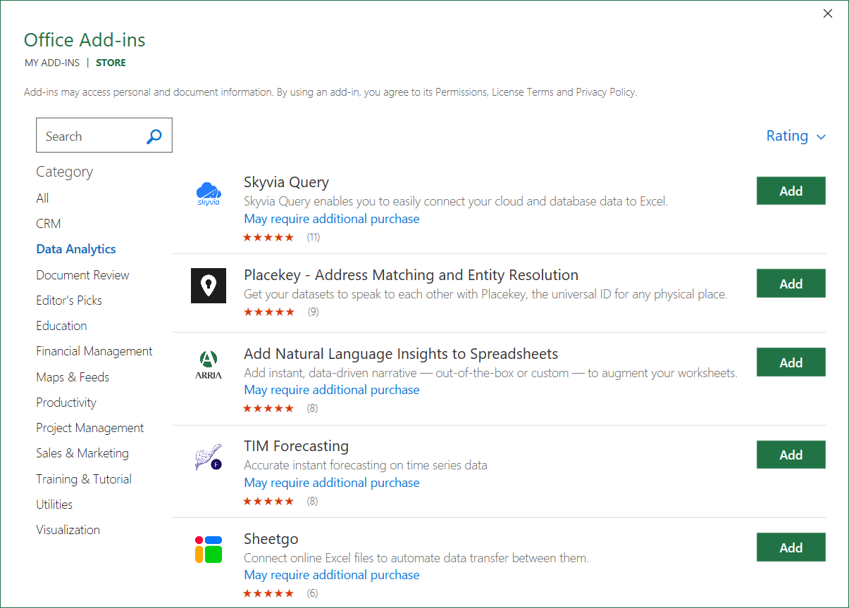 Browsing Excel add-ins