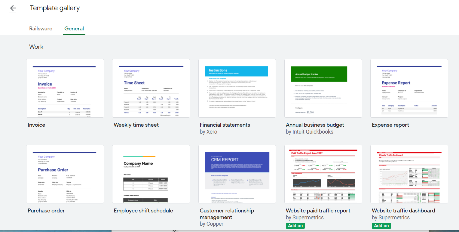 Template gallery in Google Sheets