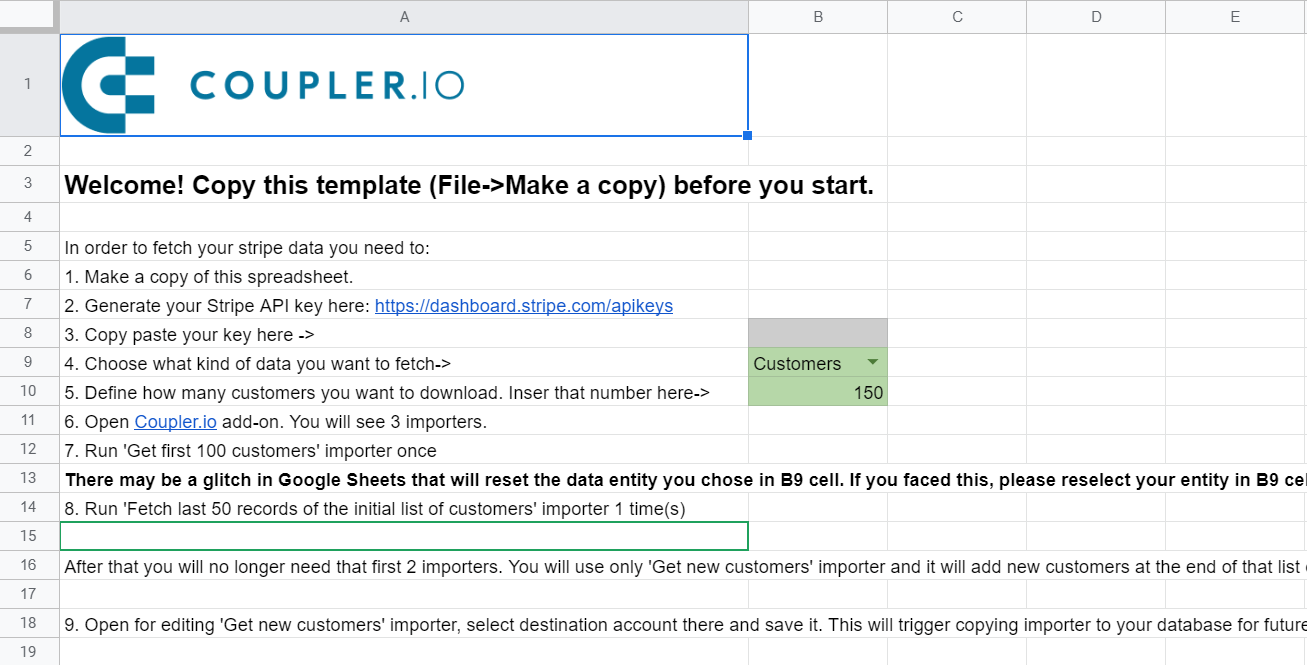 Plantilla para importar datos de Stripe