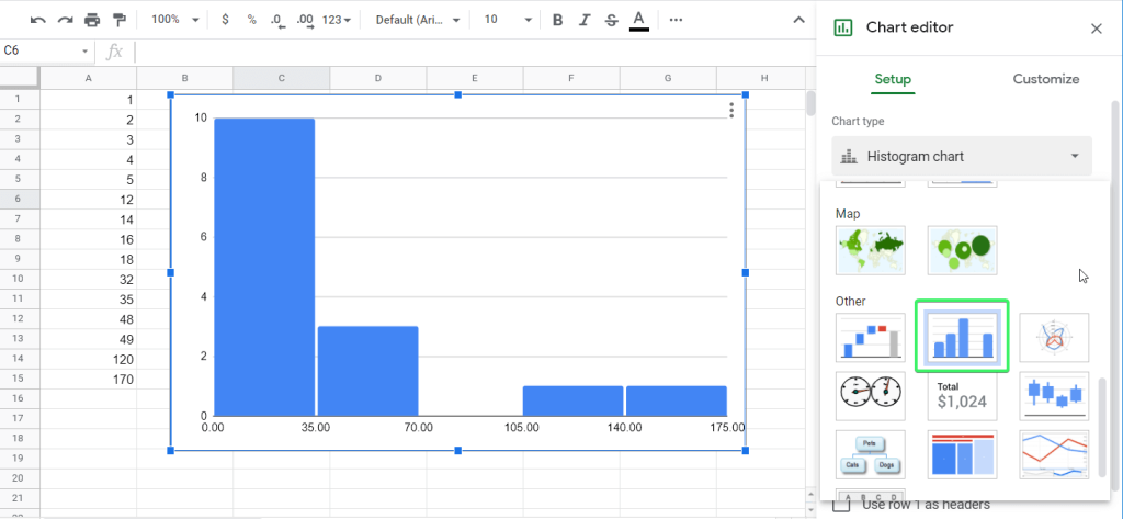 How to create a histogram graph in Google Sheets
