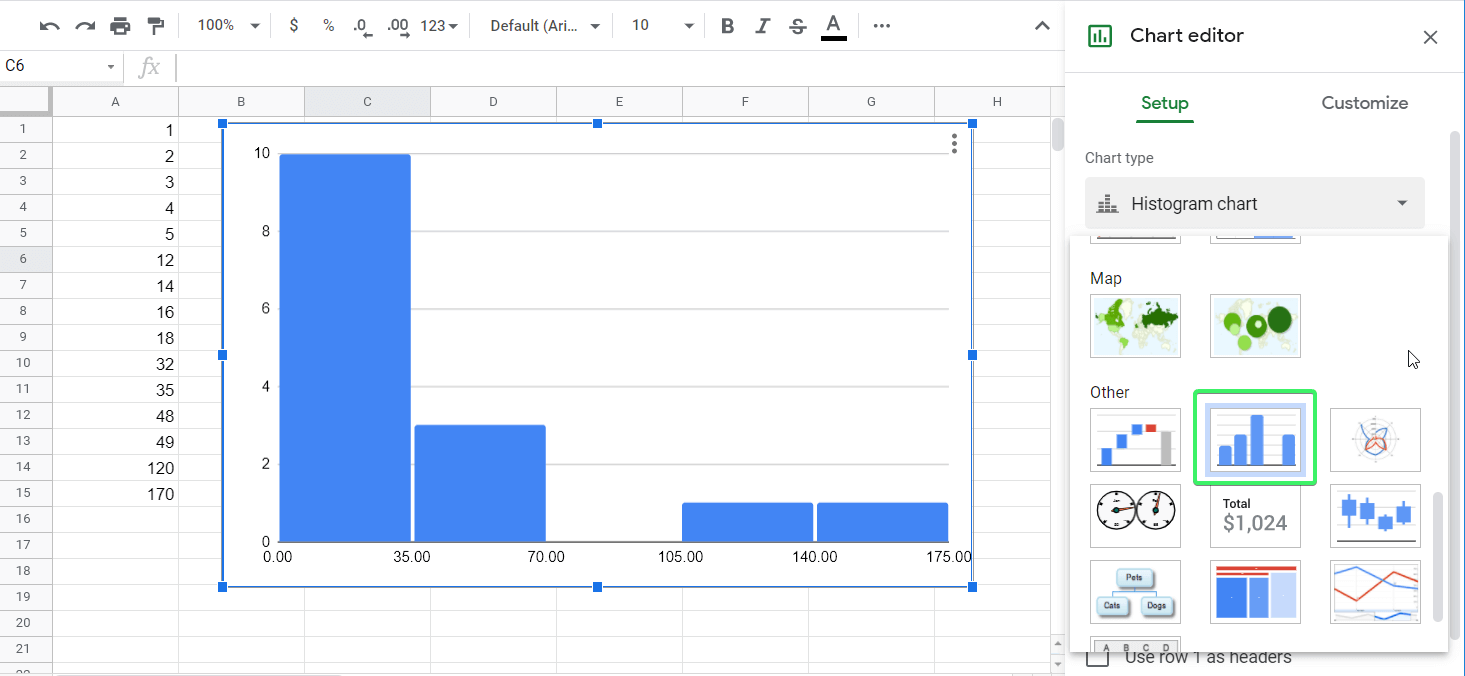 Cómo crear un gráfico de histograma en Google Sheets