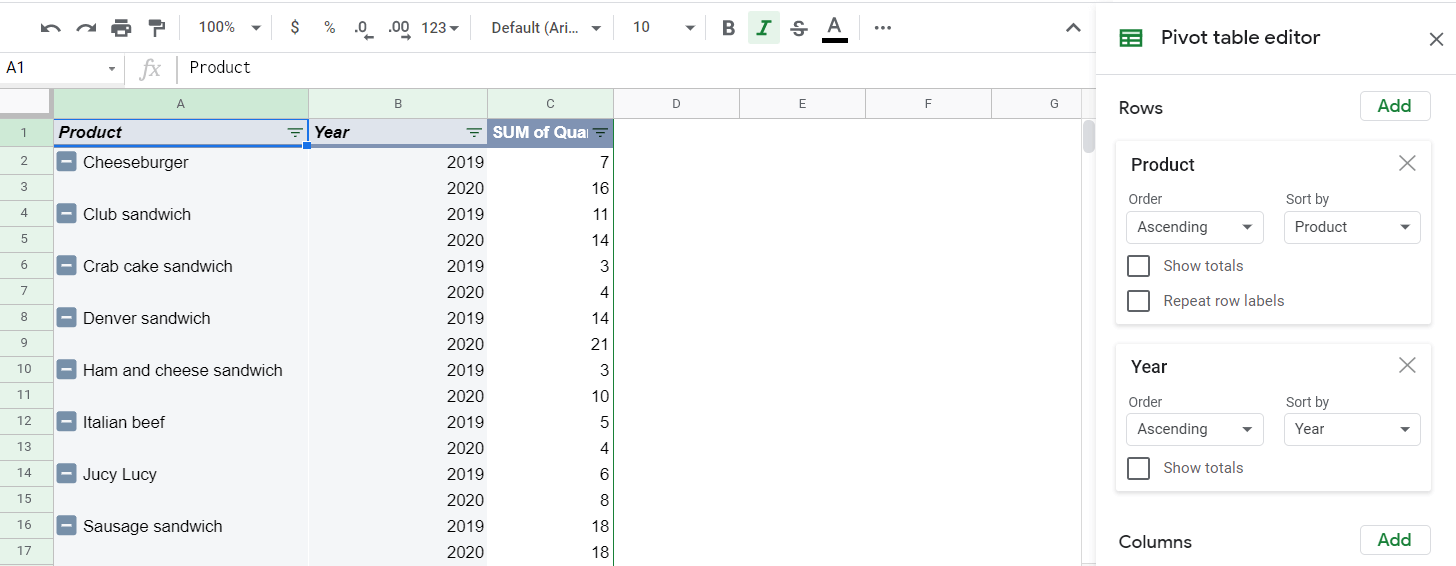 Pivot table with rows