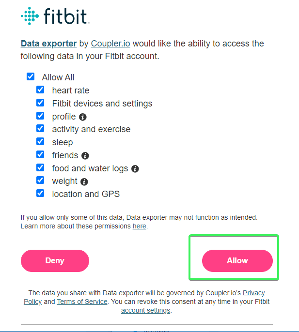 you’ll be asked for permission to access your Fitbit data