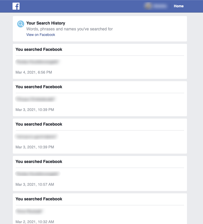 Ejemplo de archivo HTML con datos de búsqueda de perfiles exportados de Facebook