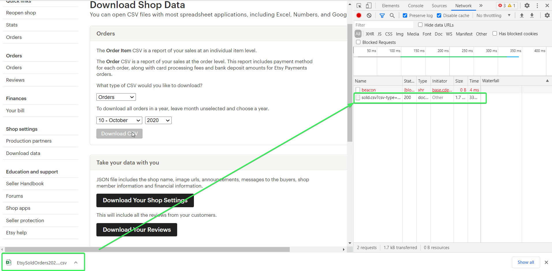 Click "Download CSV" and detect a new request in the Network tab