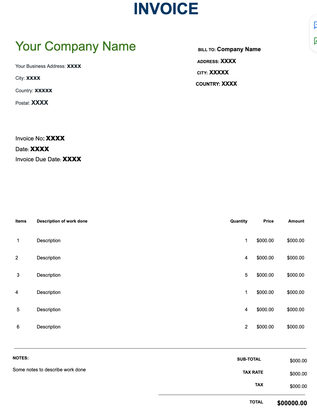 Freelance invoice template Google Docs