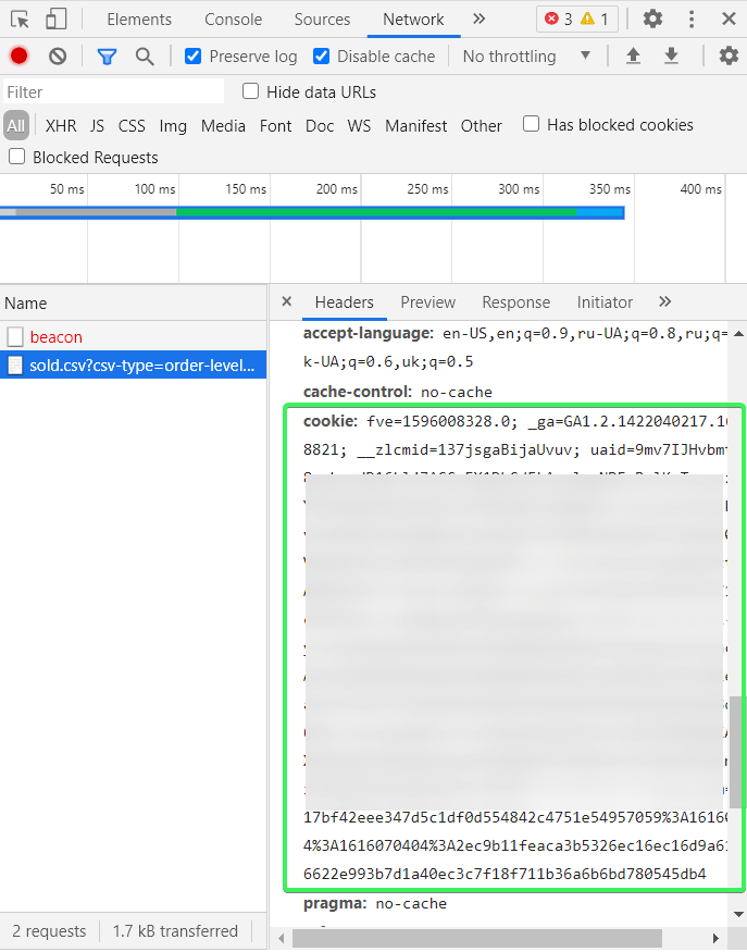 Click on the new request, scroll down to the Request Headers section and find the cookie: header.