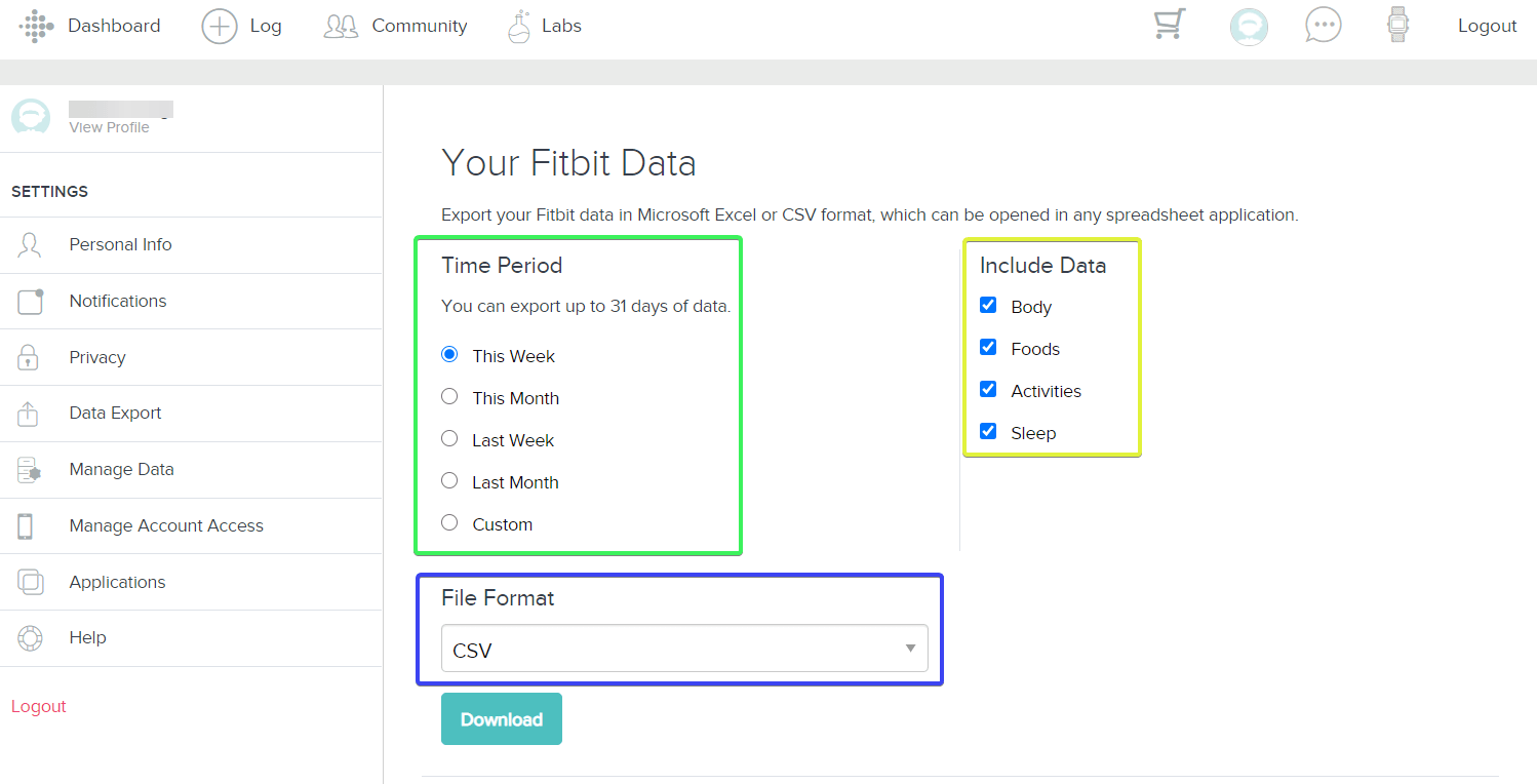 Select your Fitbit data to export
