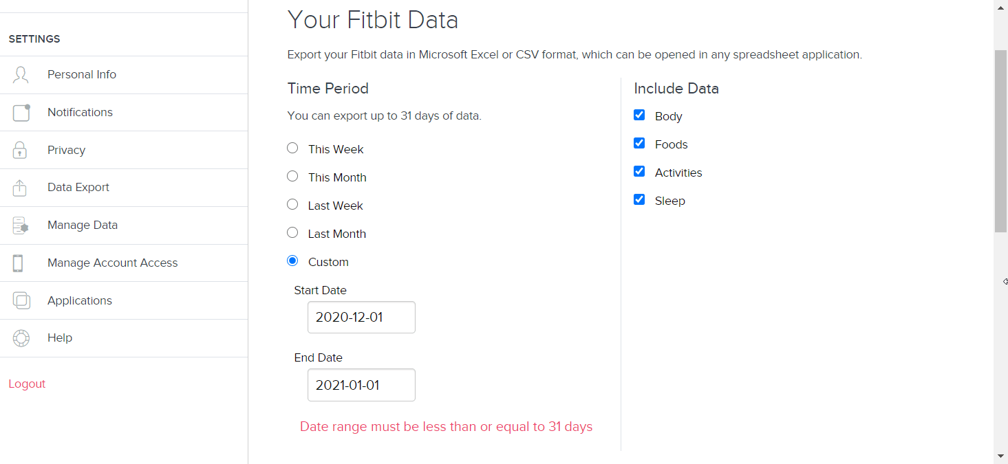 How to export Fitbit data by time period