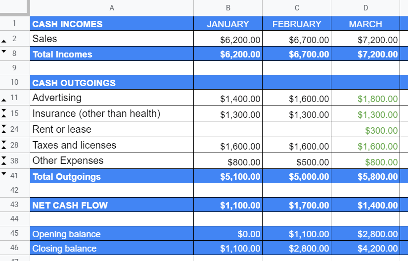 Forecast cash inflow