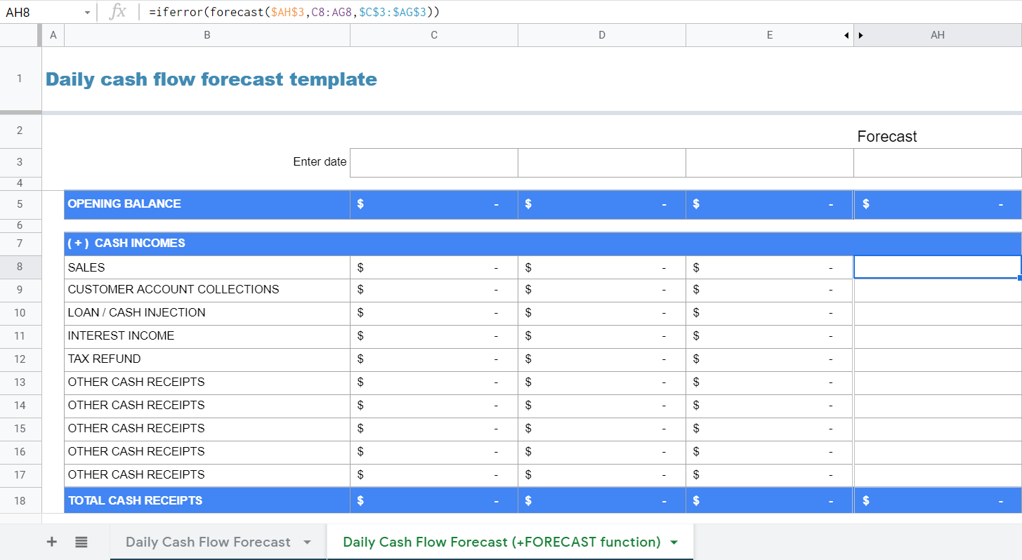 Daily cash flow forecast template