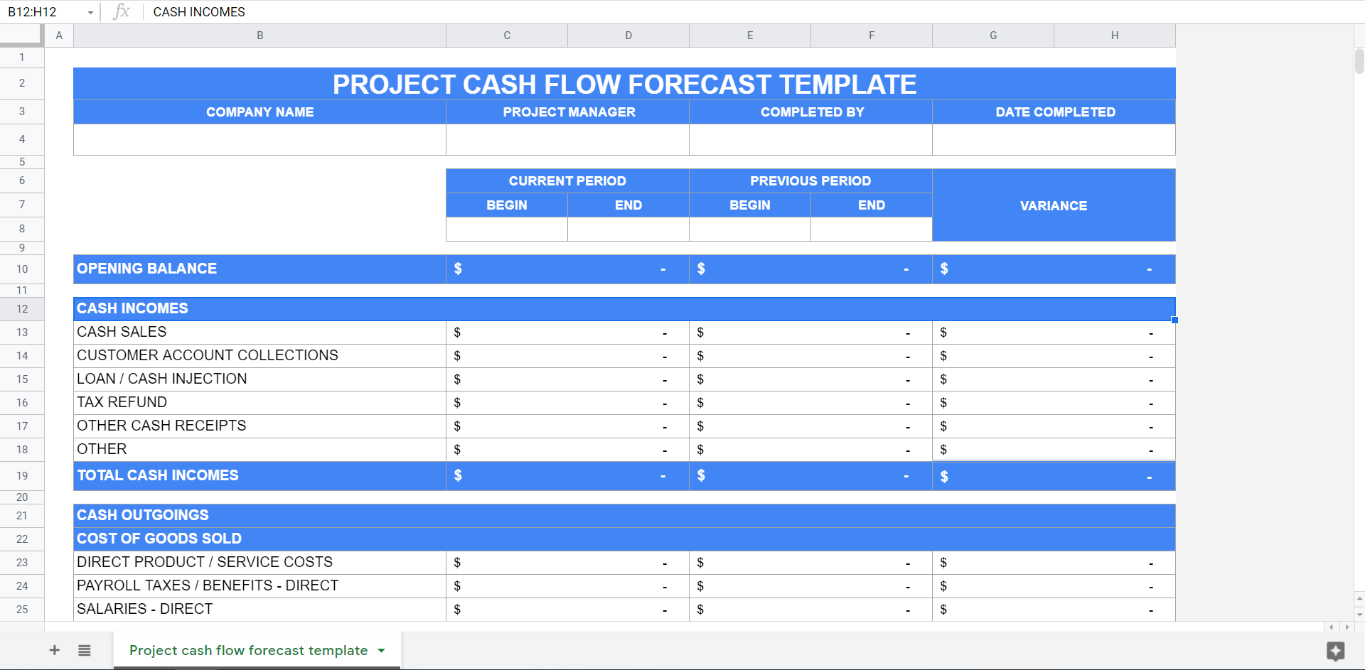 Project cash flow forecast template