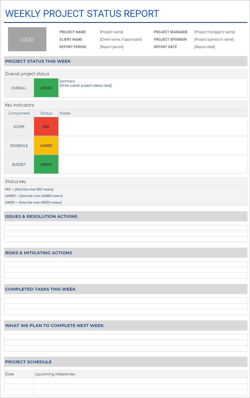 Weekly project management status report template