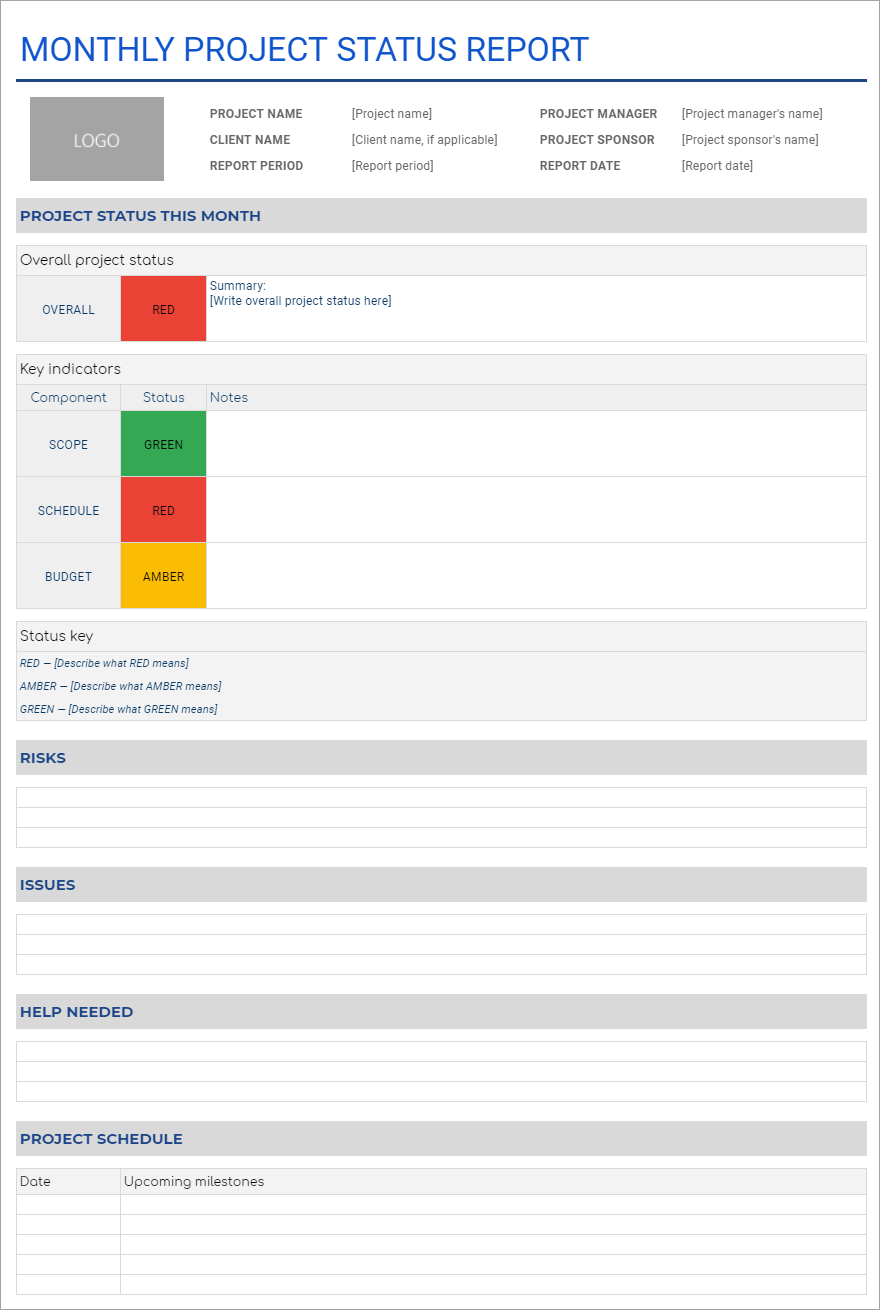 Monthly project management status report template