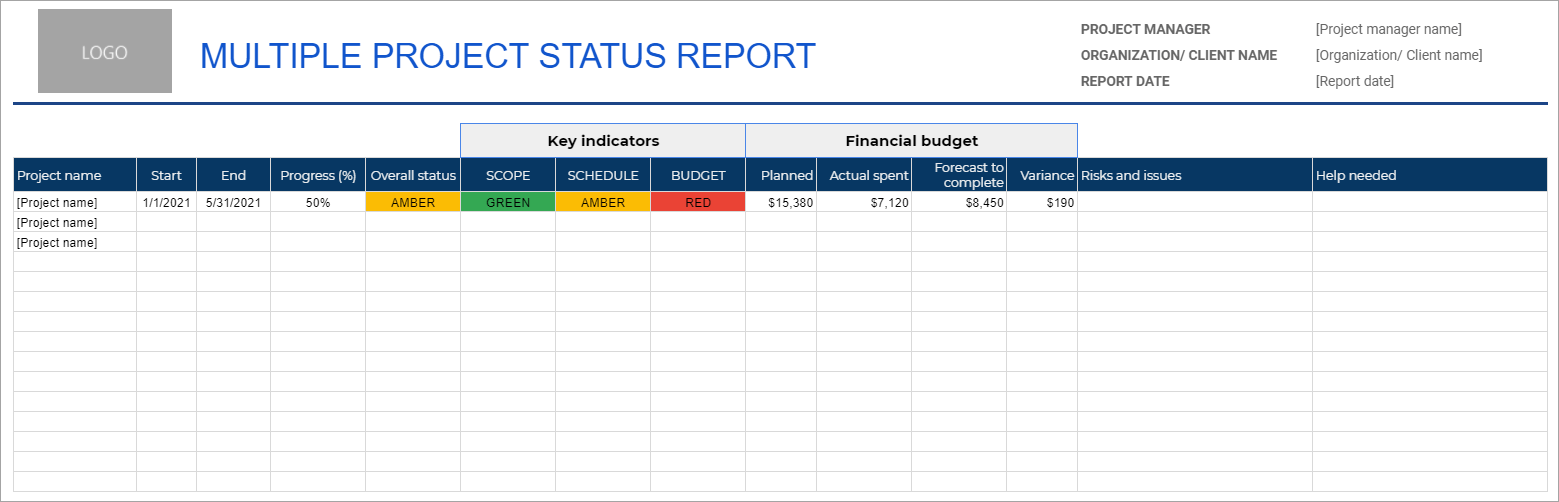 Multiple project status report template