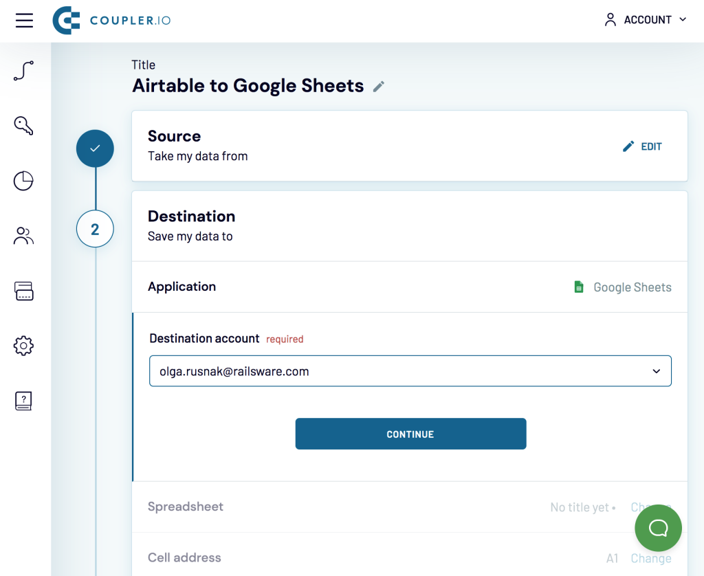 3. Set up your data destination: connect a Google Account you want to import data to.