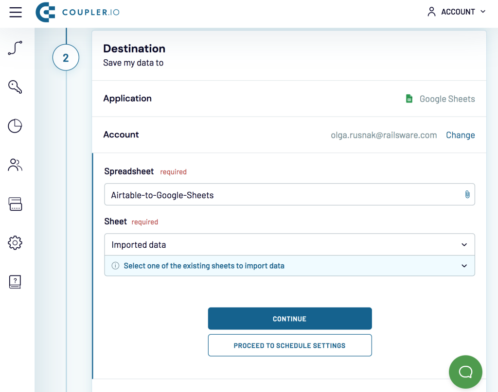 4. Select a Spreadsheet and a Sheet to import data to.