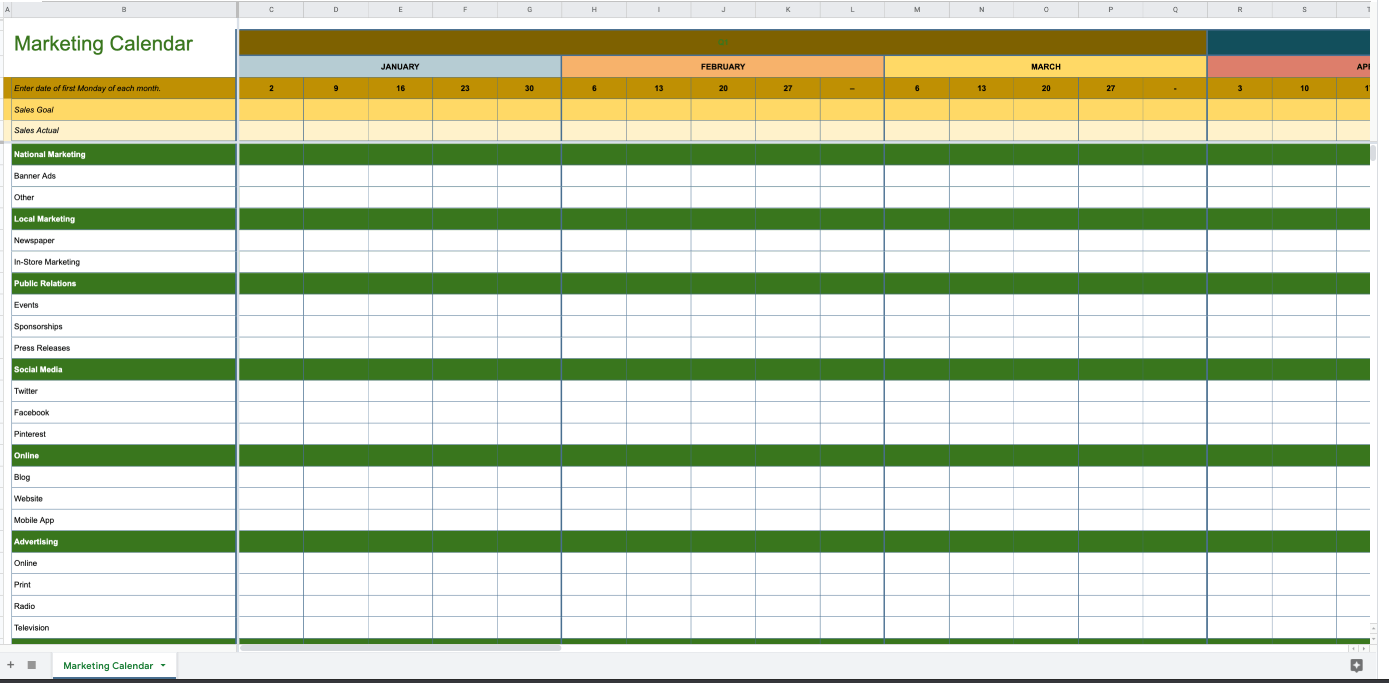 Marketing calendar template Google Sheets
