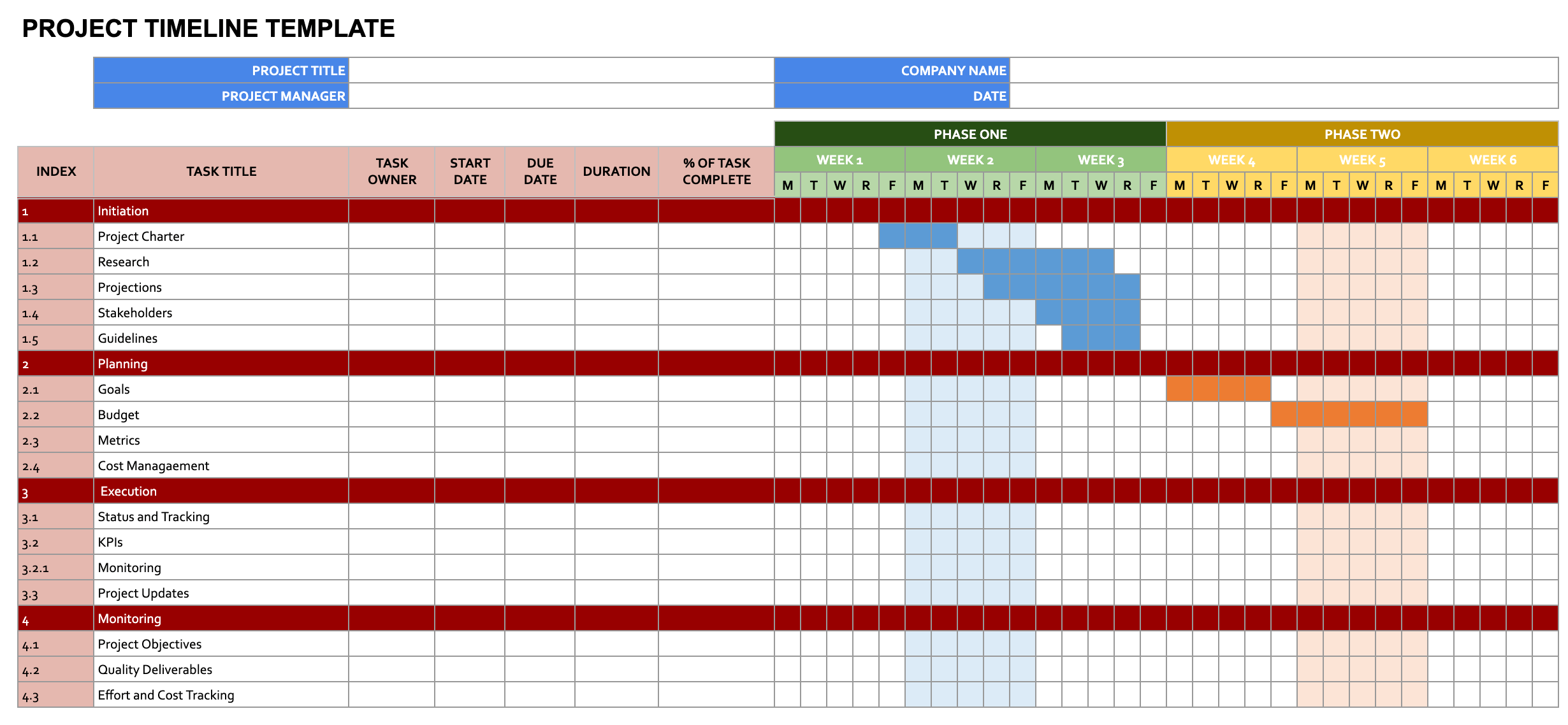 Project calendar Google Sheets template