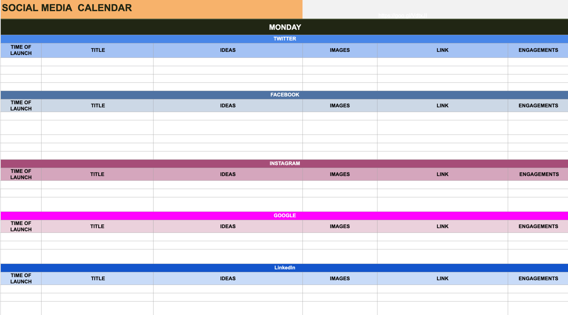 Social media calendar template Google Sheets
