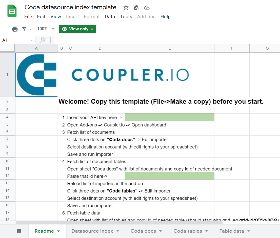 Coda to Google Sheets template