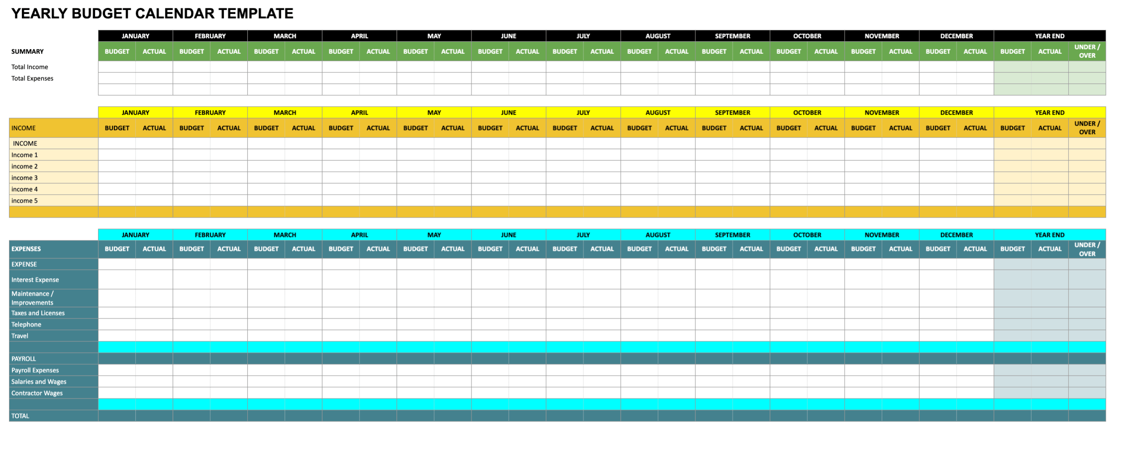 Yearly home budget calendar template for Google Sheets