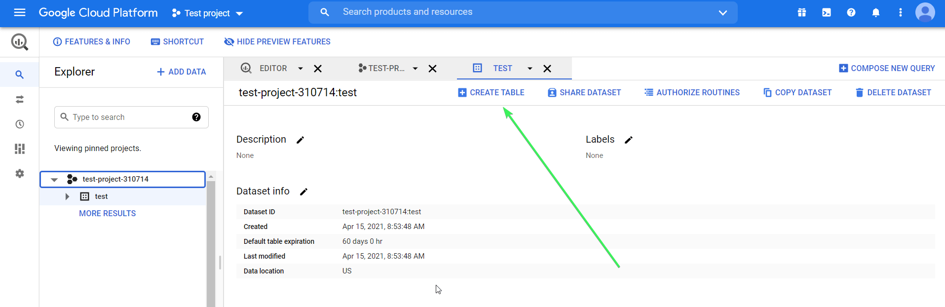 Create a table in BigQuery