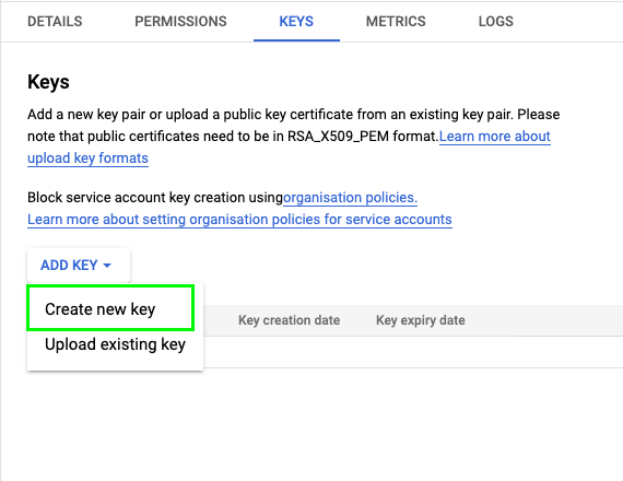 Select “Add Key” => “Create new key”