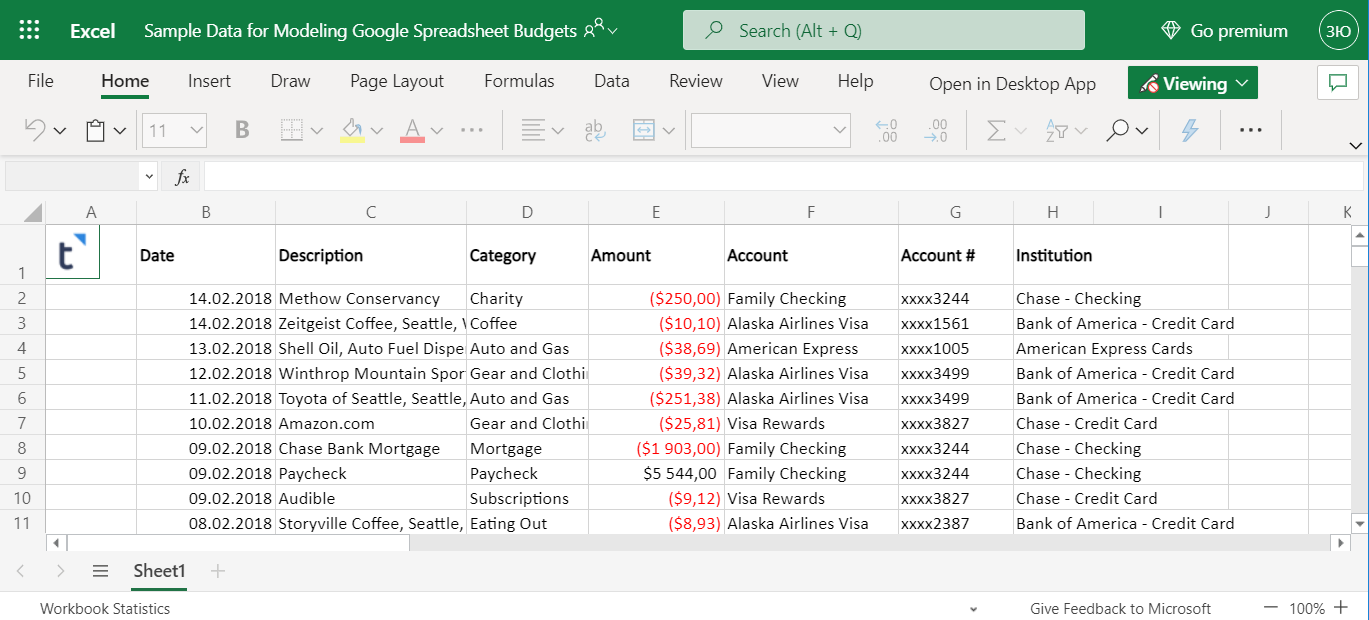 Excel sample worksheet