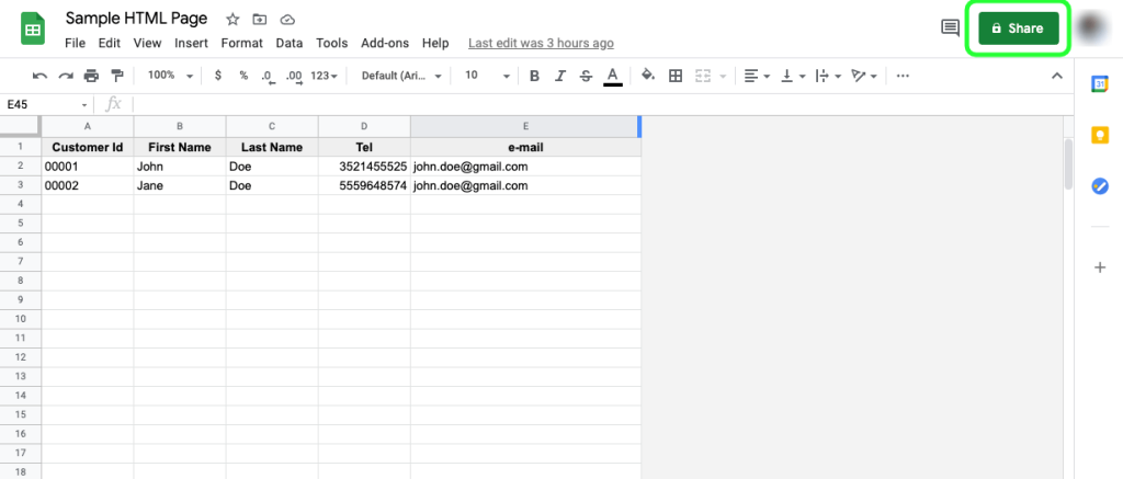 Click “Share” in the top-right corner of your spreadsheet