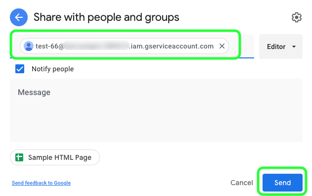 Paste the client email you just copied in the field and give Editor rights