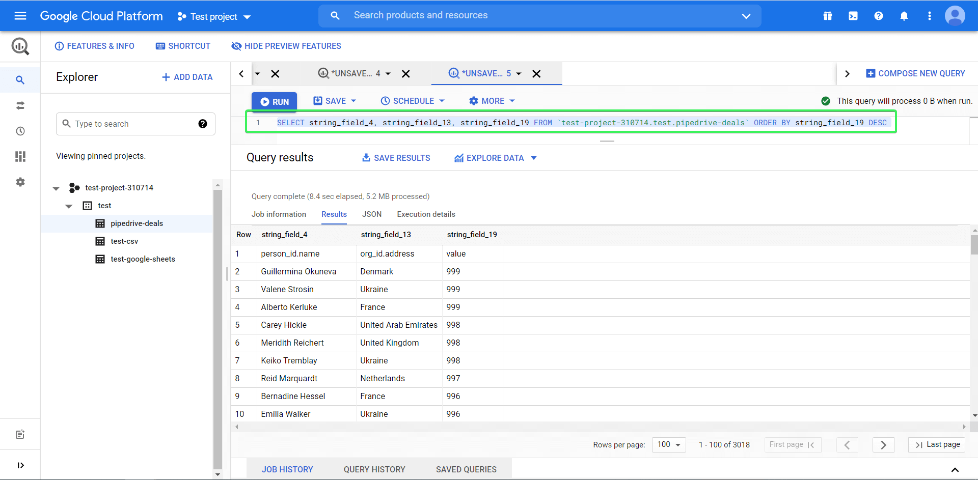 SQL query example in BigQuery
