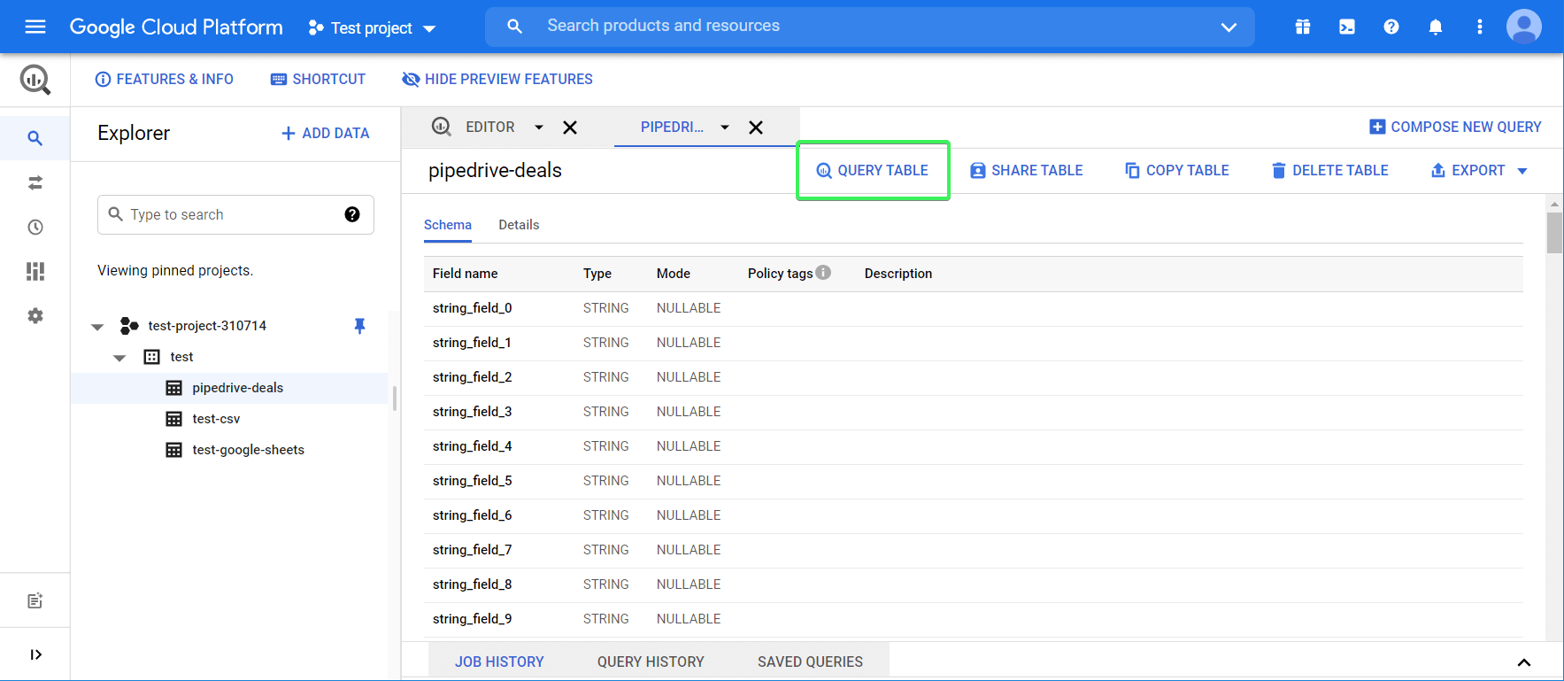 Click the "Query table" button to start querying