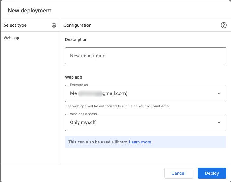 Give a description to your app, leave the other fields as they are, and click “Deploy”