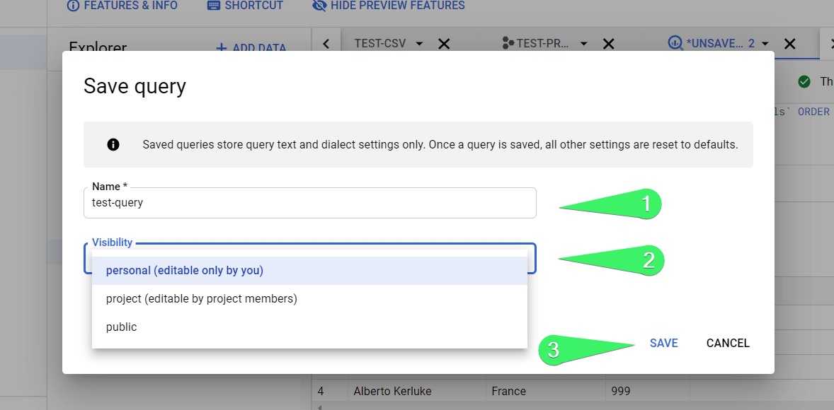 Save query in BigQuery