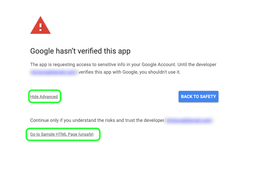 click “Advanced” => “Go to Sample HTML Page (unsafe)” => “Allow”
