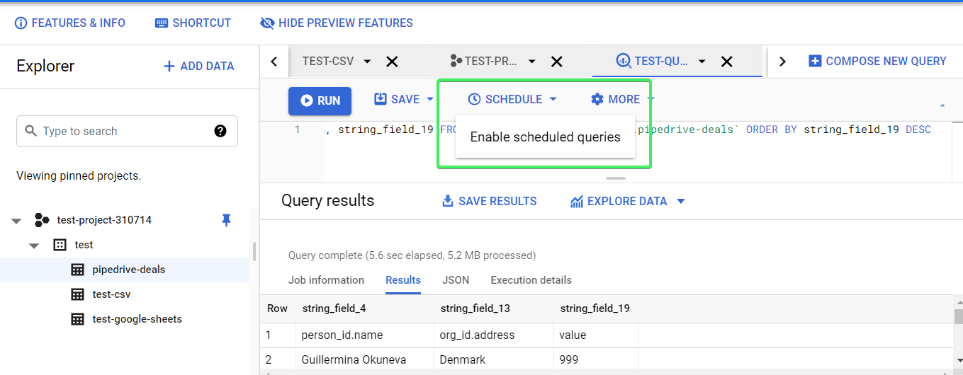 Enable scheduled queries