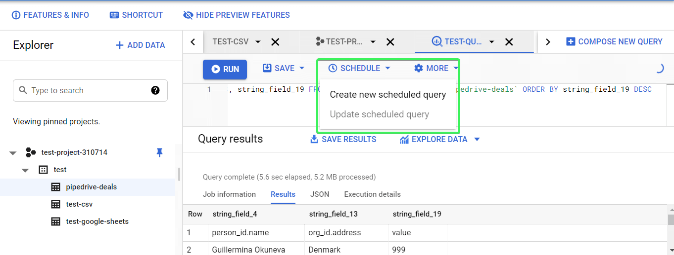 Create new scheduled query