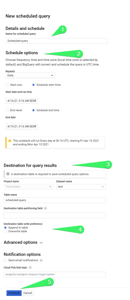 Scheduled query setup