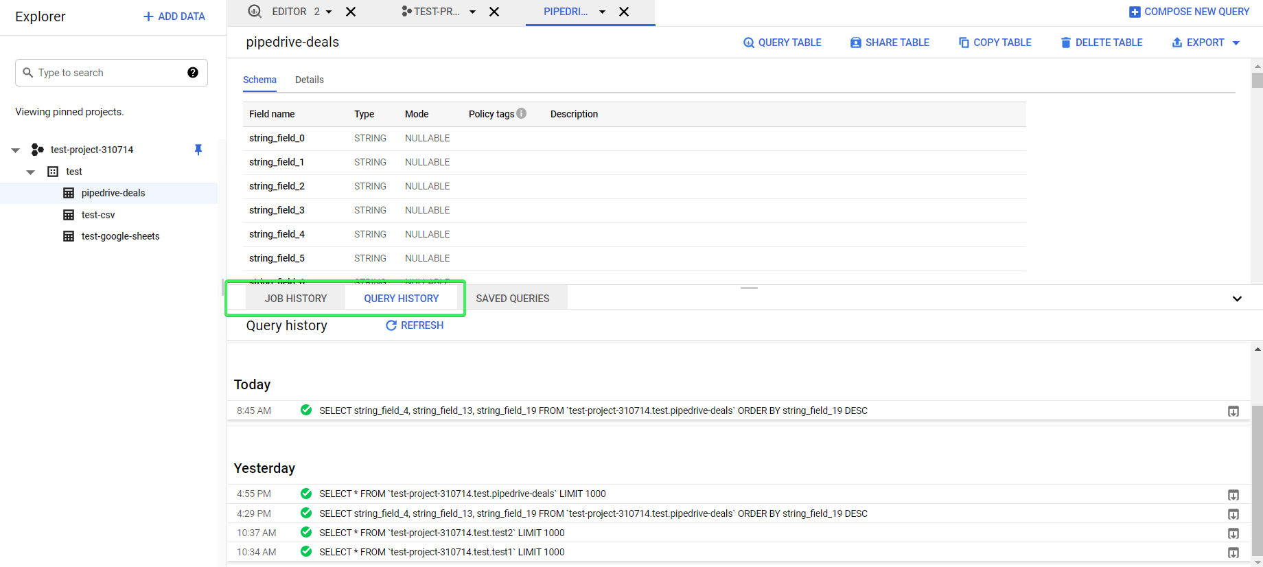 Query history and Job history tabs