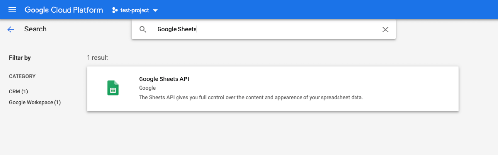 Search for “Google Sheets API” and click on it