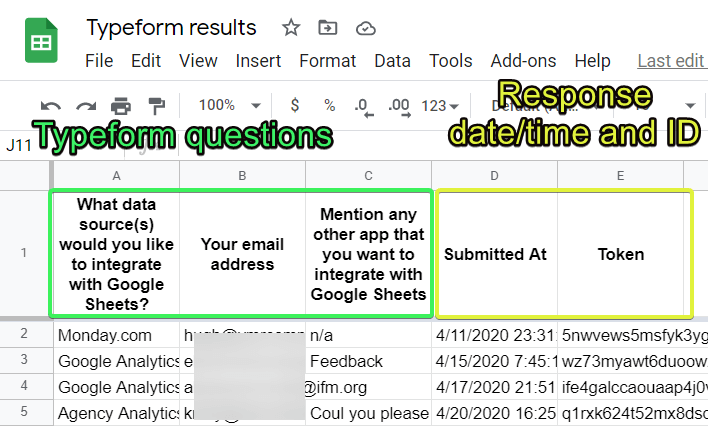 Typeform responses in Google Sheets