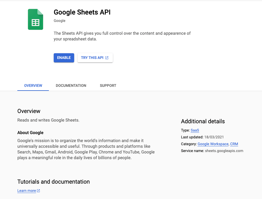 Enable the Google Sheets API