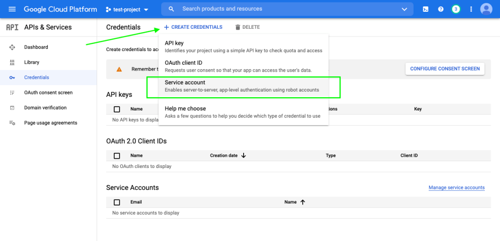 Click the “Create credentials” option and select “Service Account”