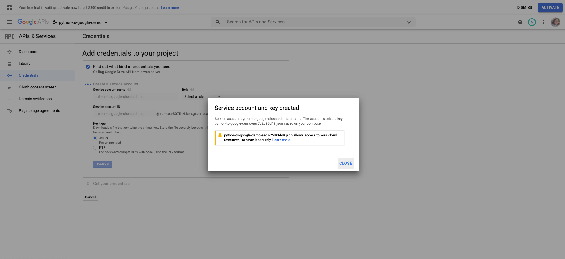 Service account and key are created