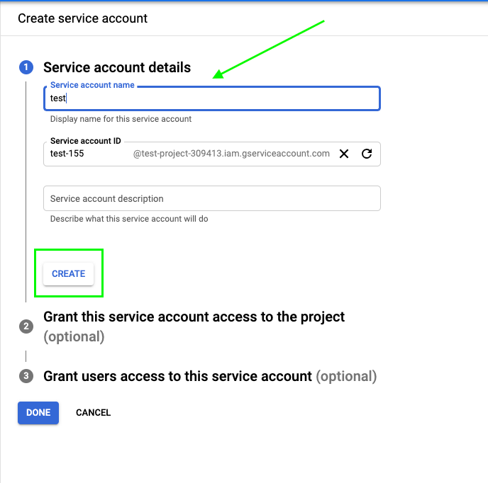 Give a name to the service account and click “Create”