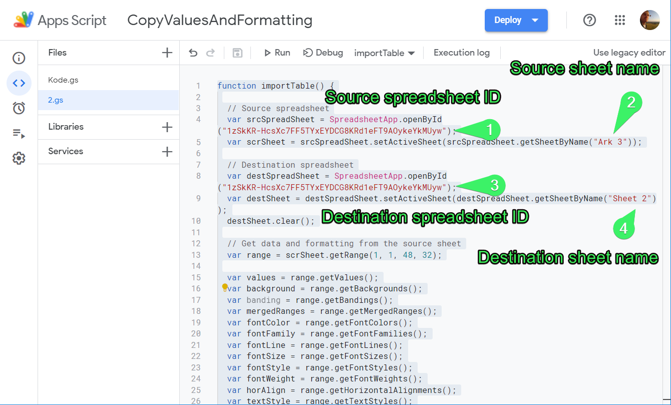 Apps Script zum Importieren von Daten in Google Sheets aus einem anderen Blatt einschließlich Formatierung